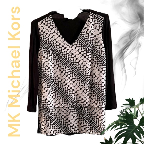 MICHAEL KORS Ladies Size:L Mixed-Media double layered Top Blk White floral EUC - Picture 1 of 12